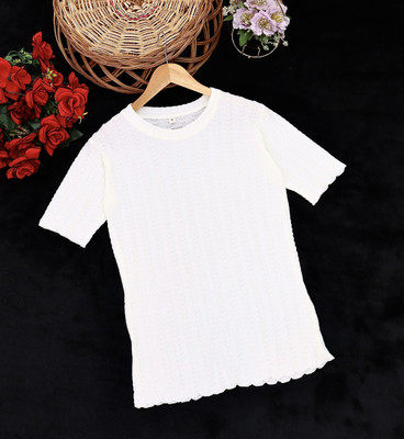 SOMVATI Self Design Women Round Neck White T-Shirt