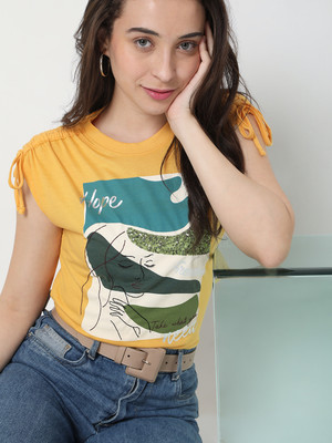 VERO MODA Graphic Print Women Round Neck Yellow T-Shirt