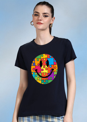 Moda Rapido Printed Women Round Neck Navy Blue T-Shirt
