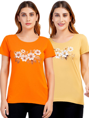Romaisa Floral Print Women Round Neck Reversible Orange, Beige T-Shirt