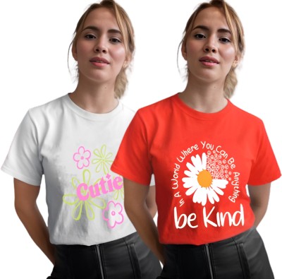 Kintu Parantu Printed Women Round Neck White, Orange T-Shirt