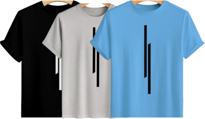 Misty Creation Printed, Self Design Men Round Neck Black, Grey, Light Blue T-Shirt