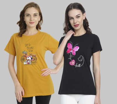 METRONAUT Printed Women Round Neck Yellow, Black T-Shirt