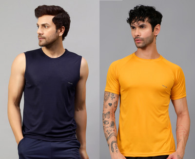 UDI n ADI Self Design Men Round Neck Navy Blue, Yellow T-Shirt