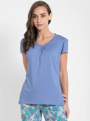 JOCKEY Solid Women V Neck Blue T-Shirt
