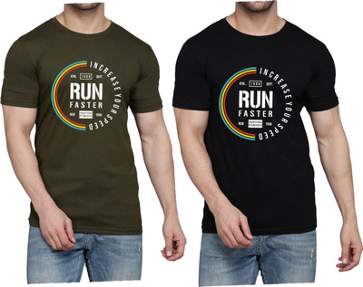 WOOSTRO Printed Men Round Neck Dark Green, Black T-Shirt