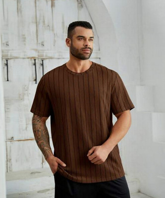 The Modern Soul Striped, Printed Men Polo Neck Brown T-Shirt