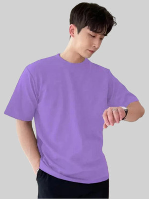 HouseOfCommon Solid Men Round Neck Purple T-Shirt