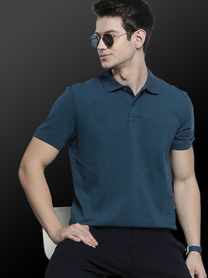 Merriment Solid Men Polo Neck Dark Blue T-Shirt