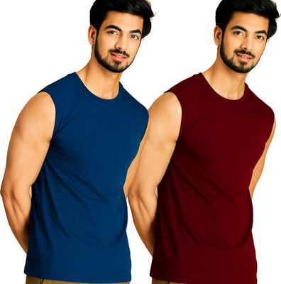Adorbs Solid Men Round Neck Dark Blue, Maroon T-Shirt