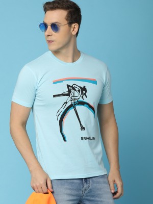 UNLIMITED Printed Men Round Neck Light Blue T-Shirt