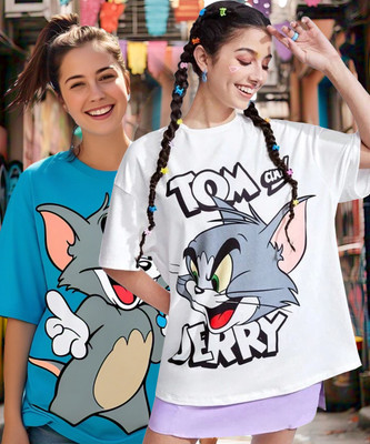 TOM AND JERRY by DreamBe Cartoon Women Round Neck Multicolor T-Shirt