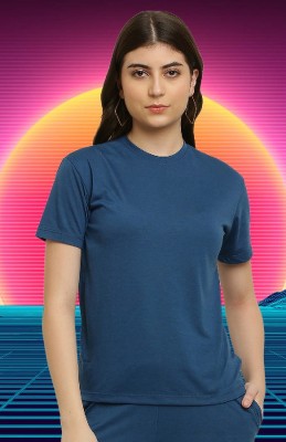 The Unicharm Solid Women Round Neck Dark Blue T-Shirt