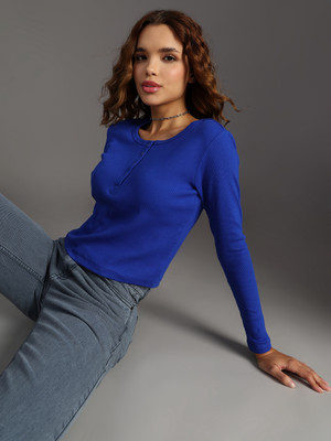 LIMEROAD Solid Women Round Neck Dark Blue T-Shirt