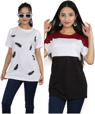 Oishee Printed Women Round Neck White, Maroon T-Shirt