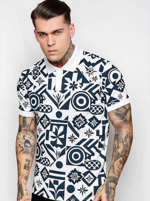 Hushbucks Printed Men Polo Neck White, Black T-Shirt