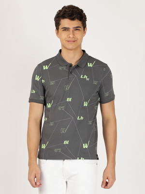 Wrangler Printed, Typography Men Polo Neck Grey T-Shirt