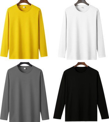 lalita creation Solid Men Round Neck Black, Grey, Yellow, White T-Shirt