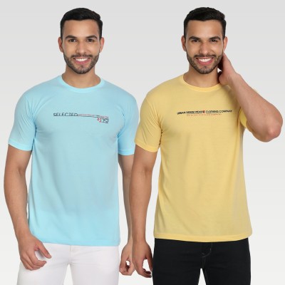 Zeffit Printed Men Round Neck Light Blue, Yellow T-Shirt