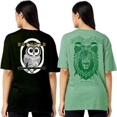 BHENKAR Self Design Women Round Neck Black, Light Green T-Shirt