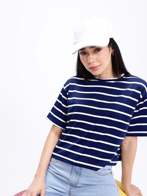 Kook N Keech Striped Women Round Neck Blue T-Shirt