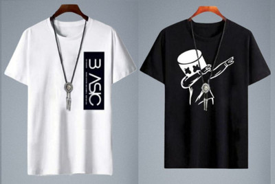 stylesmyth Printed Men Round Neck Black, White T-Shirt