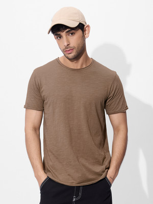 The Souled Store Solid Men Round Neck Brown T-Shirt