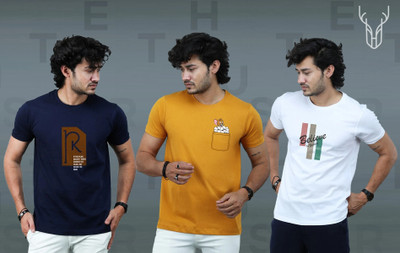 t-hustler Graphic Print Men Round Neck Navy Blue, Yellow, White T-Shirt