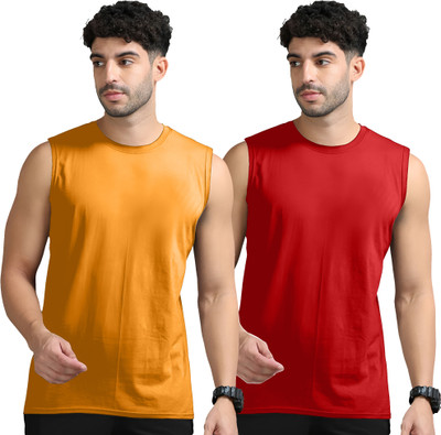 Jangoboy Solid Men Round Neck Orange, Red T-Shirt