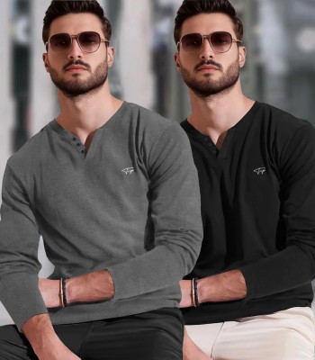 TRIPR Solid Men V Neck Grey, Black T-Shirt