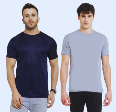 Tdoc Solid Men Round Neck Navy Blue, Grey T-Shirt