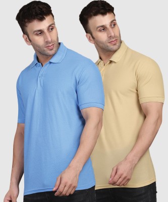 INKKR Solid Men Polo Neck Blue, Beige T-Shirt