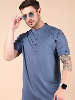 V-MART Solid Men Henley Neck Blue T-Shirt