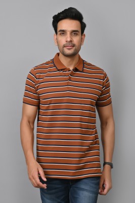 Arbour Striped Men Polo Neck Brown, White, Black T-Shirt