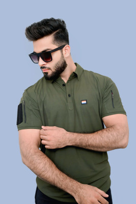 AZYXREN Self Design Men Polo Neck Dark Green T-Shirt