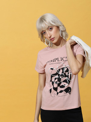 ONLY Printed, Typography Women Round Neck Pink T-Shirt