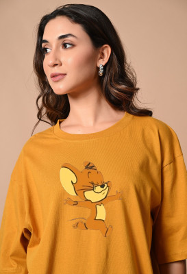 ClotheCraft Printed, Typography Women Round Neck Yellow T-Shirt