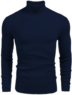 Modern Mode Creation Solid Men High Neck Navy Blue T-Shirt