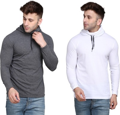 BEYOU FASHION Solid Men Hooded Neck White, Grey T-Shirt