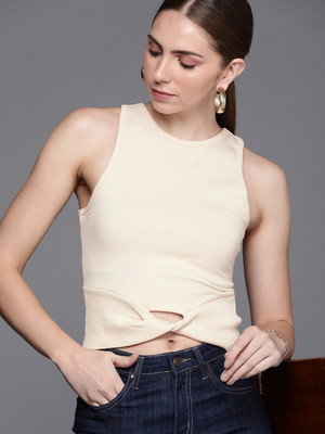 Kenneth Cole Self Design Women Round Neck Beige T-Shirt