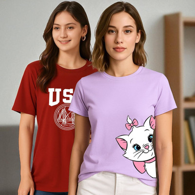 Elvia Printed Women Round Neck Purple, Maroon T-Shirt