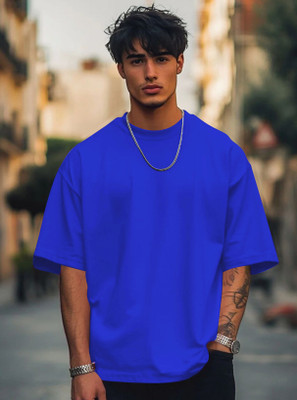 Zoomen Solid Men Round Neck Blue T-Shirt