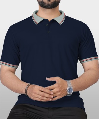 VeBNoR Solid Men Polo Neck Navy Blue T-Shirt