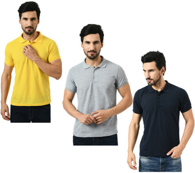 Kavvya Solid Men Polo Neck Yellow, Grey, Dark Blue T-Shirt