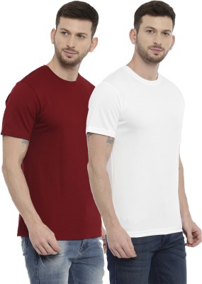 OZIO Solid Men Round Neck White, Maroon T-Shirt