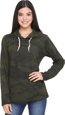 SHAUN Printed Women Hooded Neck Green T-Shirt