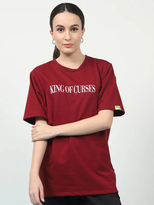 RIGO Printed Women Round Neck Maroon T-Shirt