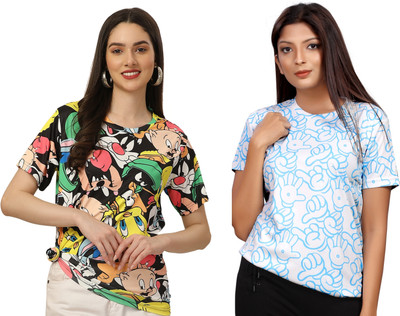 Apachee Printed Women Round Neck Multicolor T-Shirt