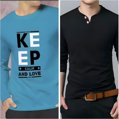 TEE TREE Solid Men Round Neck Blue, Black T-Shirt