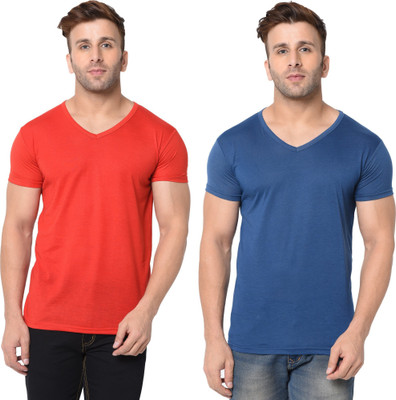Adorbs Trend Solid Men V Neck Dark Blue, Red T-Shirt
